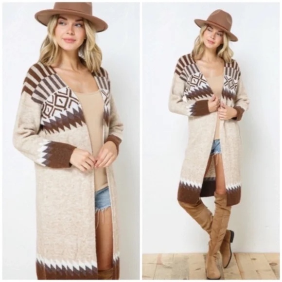 Taupe & Brown Aztec Tribal Western Boho Long Open Knit Cardigan Casual Sweater - Picture 3 of 8